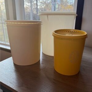 3 vintage Tupperware canisters - clear, ivory, yellow